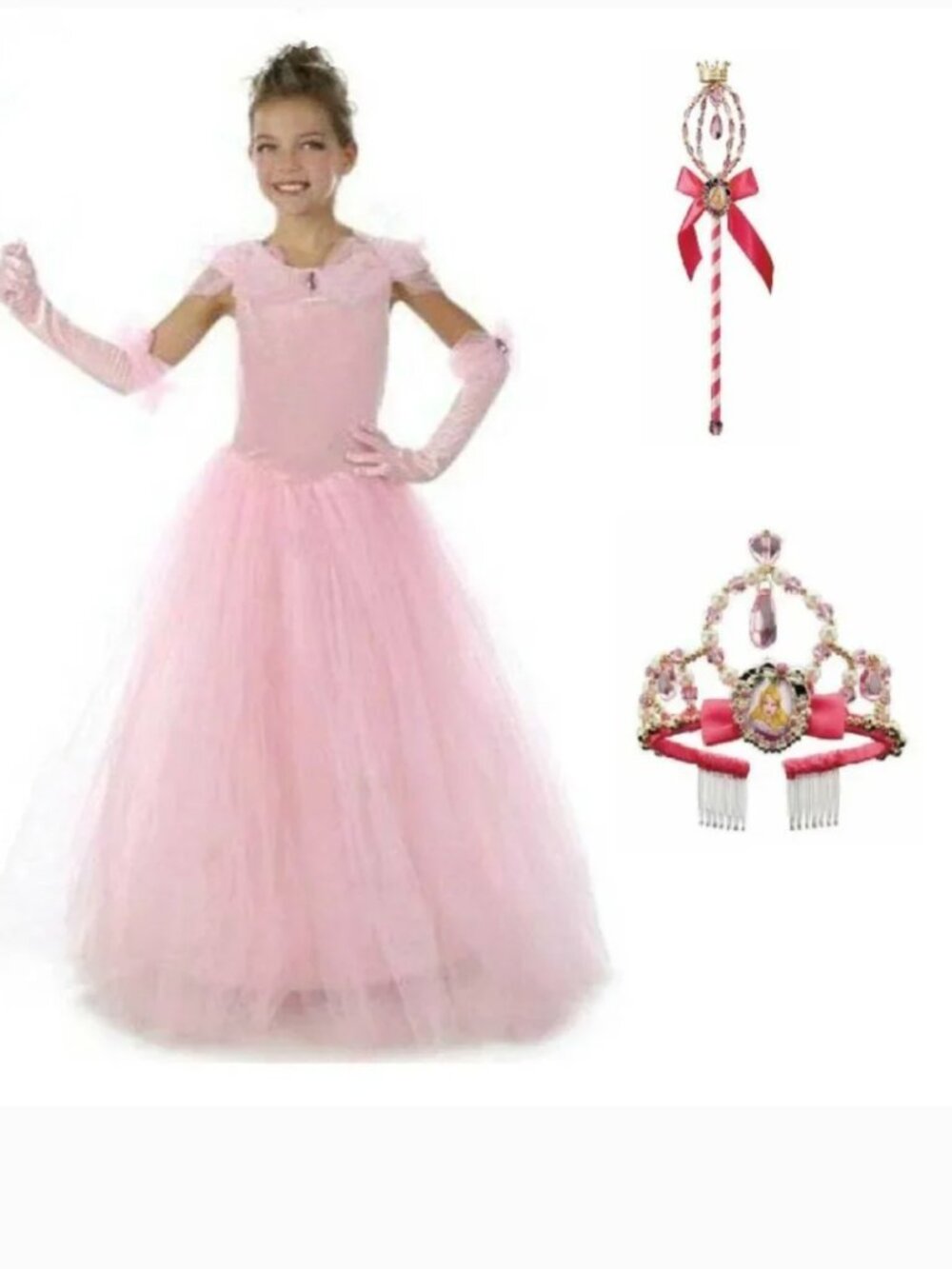 Princess Auria Halloween Costume XS Pink Gown Dress, Tiara & Wand 3 Pc Girls
